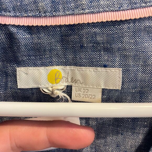 Boden Chambray Cropped Sleeveless Top Blue Linen 20/22 Collared Button Down - Picture 9 of 11